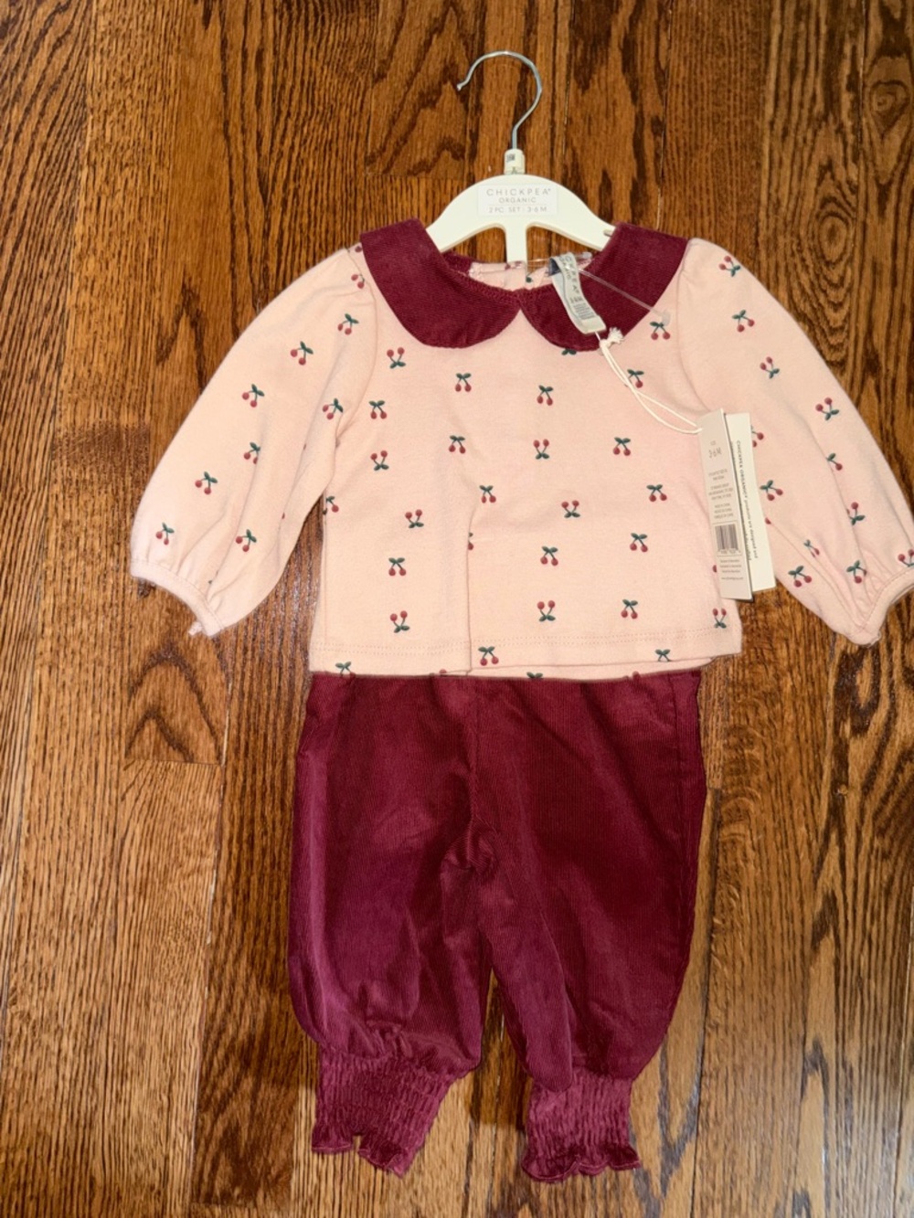 Pink Cherry Print Top with Burgundy Collar & Pants Set NWT